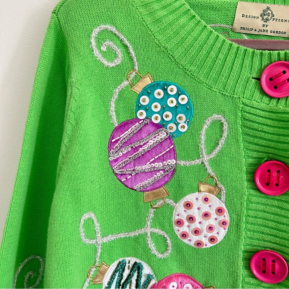 Design Options by Philip & Jane Gordon Green Christmas Ornament Cardigan Sweater - Picture 4 of 5
